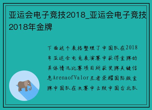 亚运会电子竞技2018_亚运会电子竞技2018年金牌
